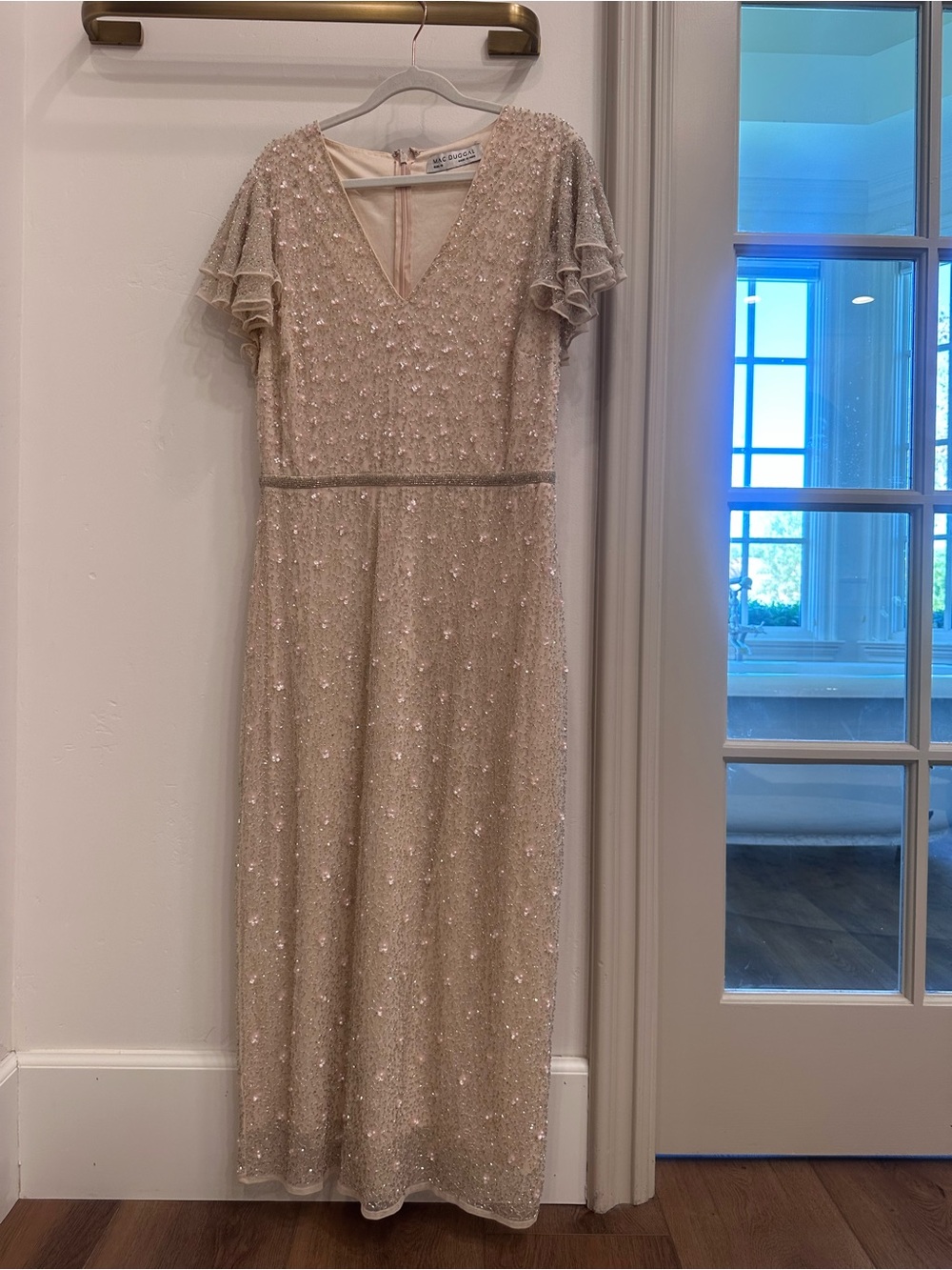 Mac Duggal Champagne Beaded V-Neck Maxi Dress